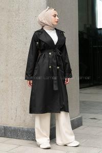 Black Long Arm Buttoned Parachute Fabric Trench Coat