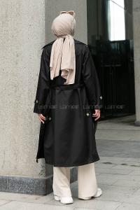 Black Long Arm Buttoned Parachute Fabric Trench Coat