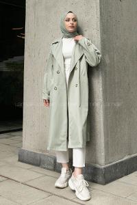 Water Green Long Arm Buttoned Parachute Fabric Trench Coat