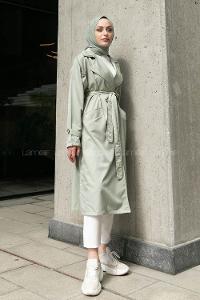 Water Green Long Arm Buttoned Parachute Fabric Trench Coat