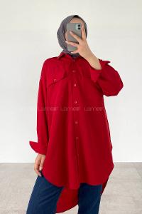 Red Shirt Collar Long Arm Poplin Fabric Unprinted Shirt