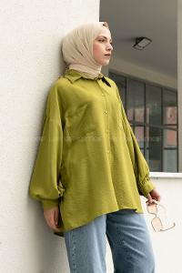 Oil Green Shirt Collar Long Arm Cotton Unprinted Shirt