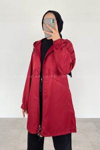 Claret Red Hood Neck Long Arm Raincoat