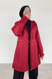 Claret Red Hood Neck Long Arm Raincoat