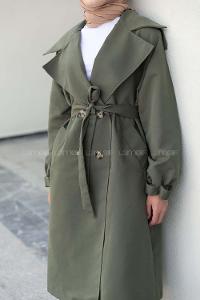 Khaki Long Arm Belted Buttoned Trench Coat