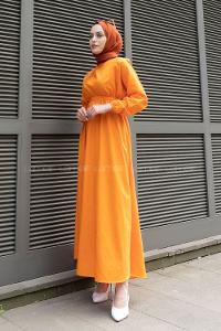 Orange Medium Crew Neck Cotton Fabric Unprinted Dresess