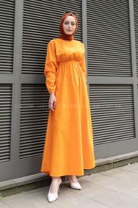 Orange Medium Crew Neck Cotton Fabric Unprinted Dresess