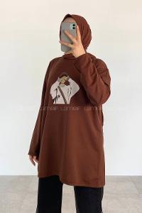 Bitter Brown Medium Crew Neck Long Arm Printed Sweatshirt