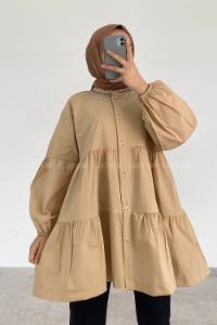 Beige Mandarin Collar Long Arm Cotton Unprinted Shirt