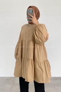Beige Mandarin Collar Long Arm Cotton Unprinted Shirt