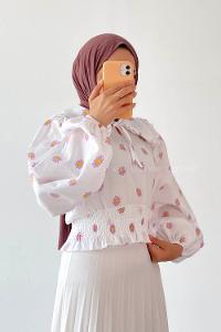 Lilac Crew Neck Long Arm Without Accessories Cotton Fabric Unprinted Blouse