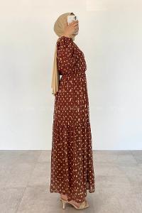 Modalamelif Bel Lastik  Puantiye Desen Elbise Acı Kahve