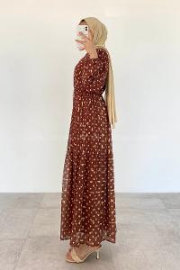 Modalamelif Bel Lastik  Puantiye Desen Elbise Acı Kahve
