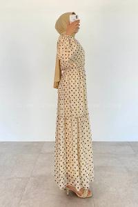 Modalamelif Bel Lastik  Puantiye Desen Elbise Bej