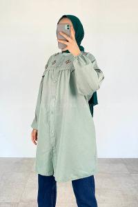 Mint Green Shirt Collar Long Arm Cotton Unprinted Shirt