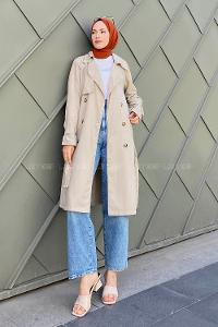 Stone Long Arm Belted Cotton Trench Coat