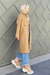 Modalamelif Kol Katlamalı Kapşonlu Trenç Camel