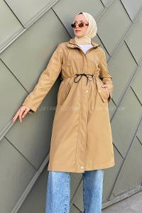 Modalamelif Kol Katlamalı Kapşonlu Trenç Camel