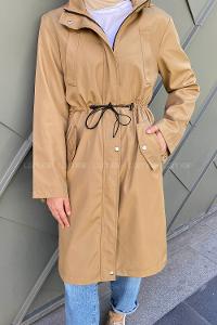 Modalamelif Kol Katlamalı Kapşonlu Trenç Camel