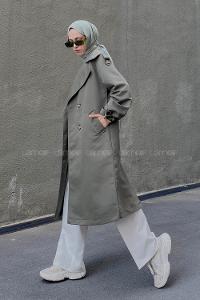 Khaki Long Arm Belted Buttoned Trench Coat