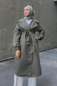 Khaki Long Arm Belted Buttoned Trench Coat