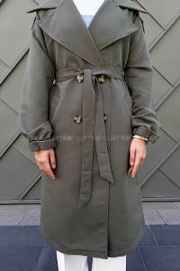 Khaki Long Arm Belted Buttoned Trench Coat