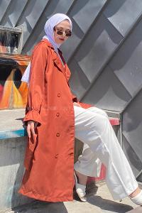 Lamelif Kol Lastikli Belden Bağlamalı Trenç Kiremit