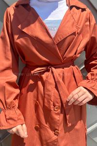 Lamelif Kol Lastikli Belden Bağlamalı Trenç Kiremit