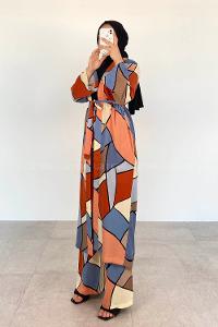 Indigo Powder Scoop Neck Long Arm Belted Cotton Comfortable Suit