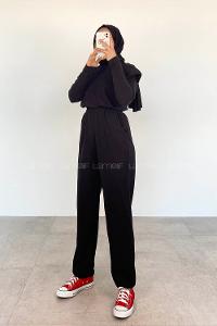 Black Crew Neck Cotton Unprinted Overalls