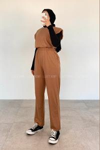 Brown With Milk Crew Neck Cotton Unprinted Overalls