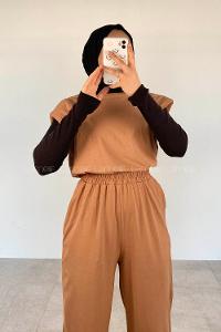 Brown With Milk Crew Neck Cotton Unprinted Overalls