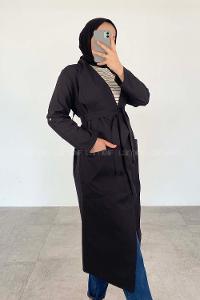 Black Long Arm Belted Viscose Fabric Trench Coat