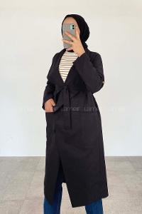 Black Long Arm Belted Viscose Fabric Trench Coat