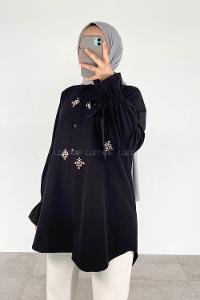 Black Shirt Collar Long Arm Poplin Fabric Unprinted Shirt