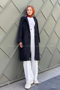 Modalamelif Kol Katlamalı Kapşonlu Trenç Siyah