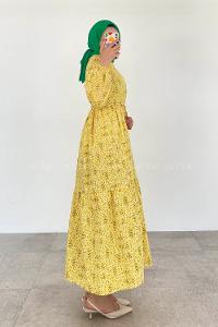 Modalamelif Beli Tünelli Papatya Desen Elbise Sarı