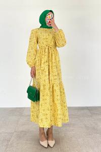 Modalamelif Beli Tünelli Papatya Desen Elbise Sarı