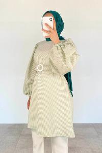 Modalamelif Bisiklet Yaka Kemerli Tunik Çağla