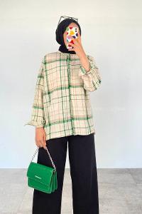 Green Shirt Collar Long Arm Linen Printed Shirt