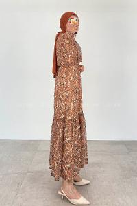 Camel Foulard Neck Viscose Fabric Printed Dresess