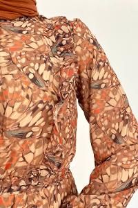 Camel Foulard Neck Viscose Fabric Printed Dresess