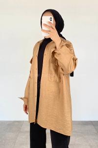 Brown With Milk Shirt Collar Long Arm Viscose Fabric Unprinted Shirt