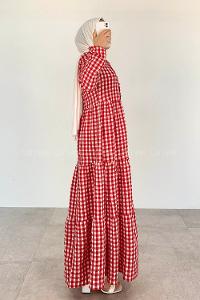 Red Mandarin Collar Cotton Viscose Fabric Printed Dresess