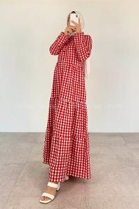 Red Mandarin Collar Cotton Viscose Fabric Printed Dresess