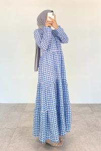 Blue Mandarin Collar Cotton Viscose Fabric Printed Dresess