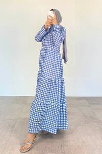 Blue Mandarin Collar Cotton Viscose Fabric Printed Dresess