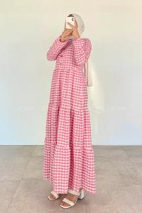 Pink Mandarin Collar Cotton Viscose Fabric Printed Dresess