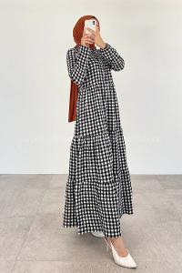 Black Mandarin Collar Cotton Viscose Fabric Printed Dresess