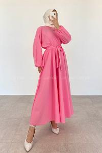 Candy Pink Medium Crew Neck Linen Unprinted Dresess